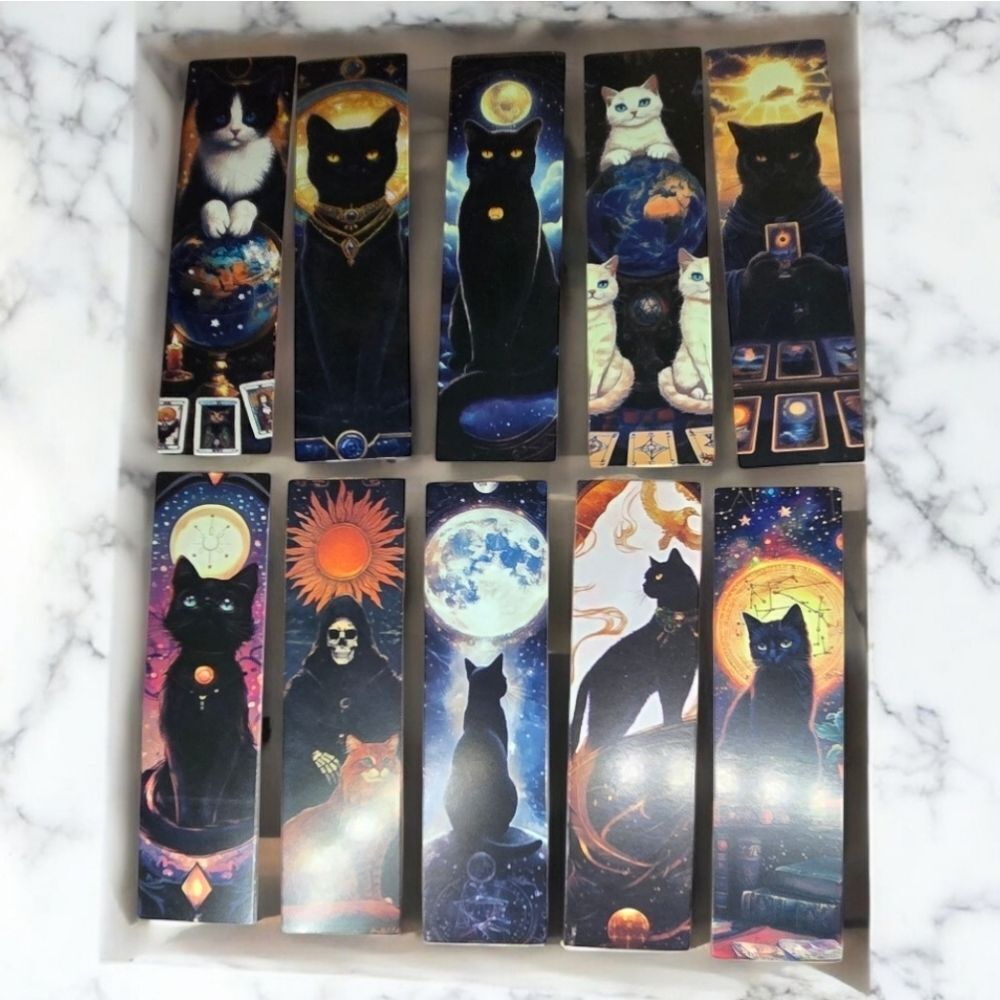 10pc Mystical Cat Tarot Bookmark Set Gothic Celestial Black Cat Reading Markers